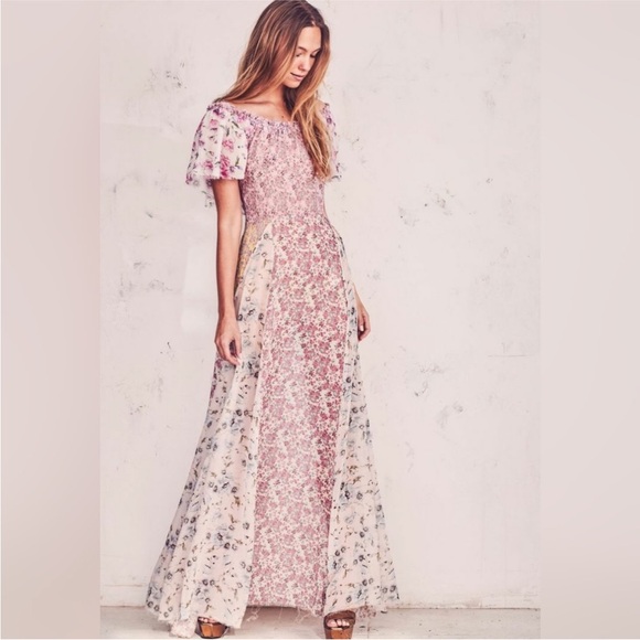LoveShackFancy Dresses & Skirts - LoveShackFancy Evelyn Pink Multi Floral Maxi Silk Off the Shoulder Dress EUC 6